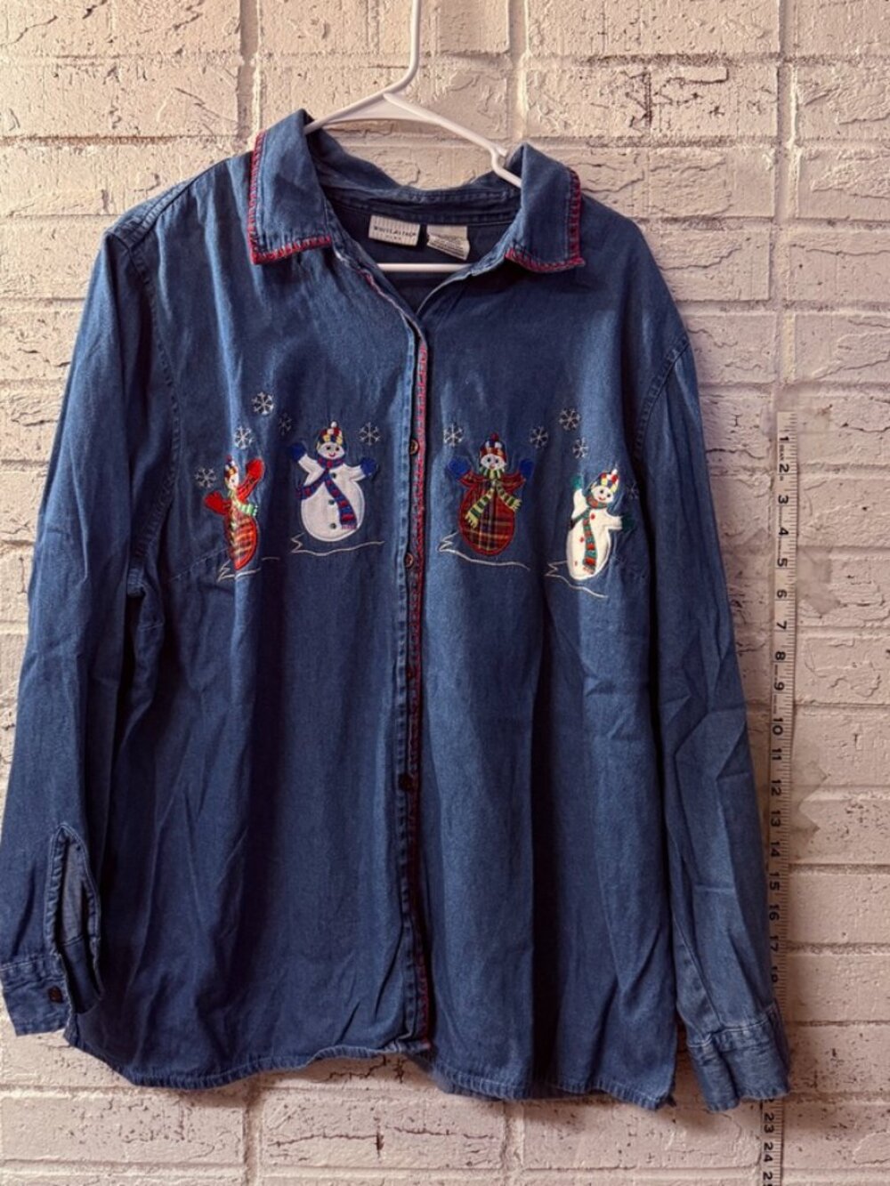 White Stag Plus 18W 20W Christmas Denim Shirt Snowman Embroidered Holiday